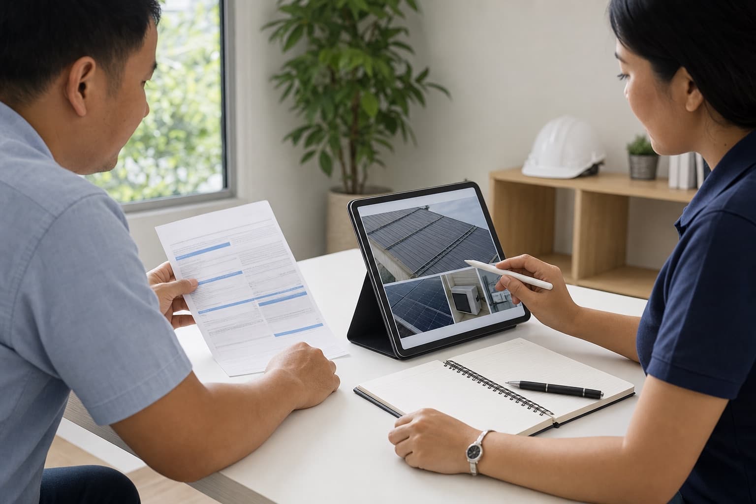 Solar consultant reviewing an electric bill and roof photos