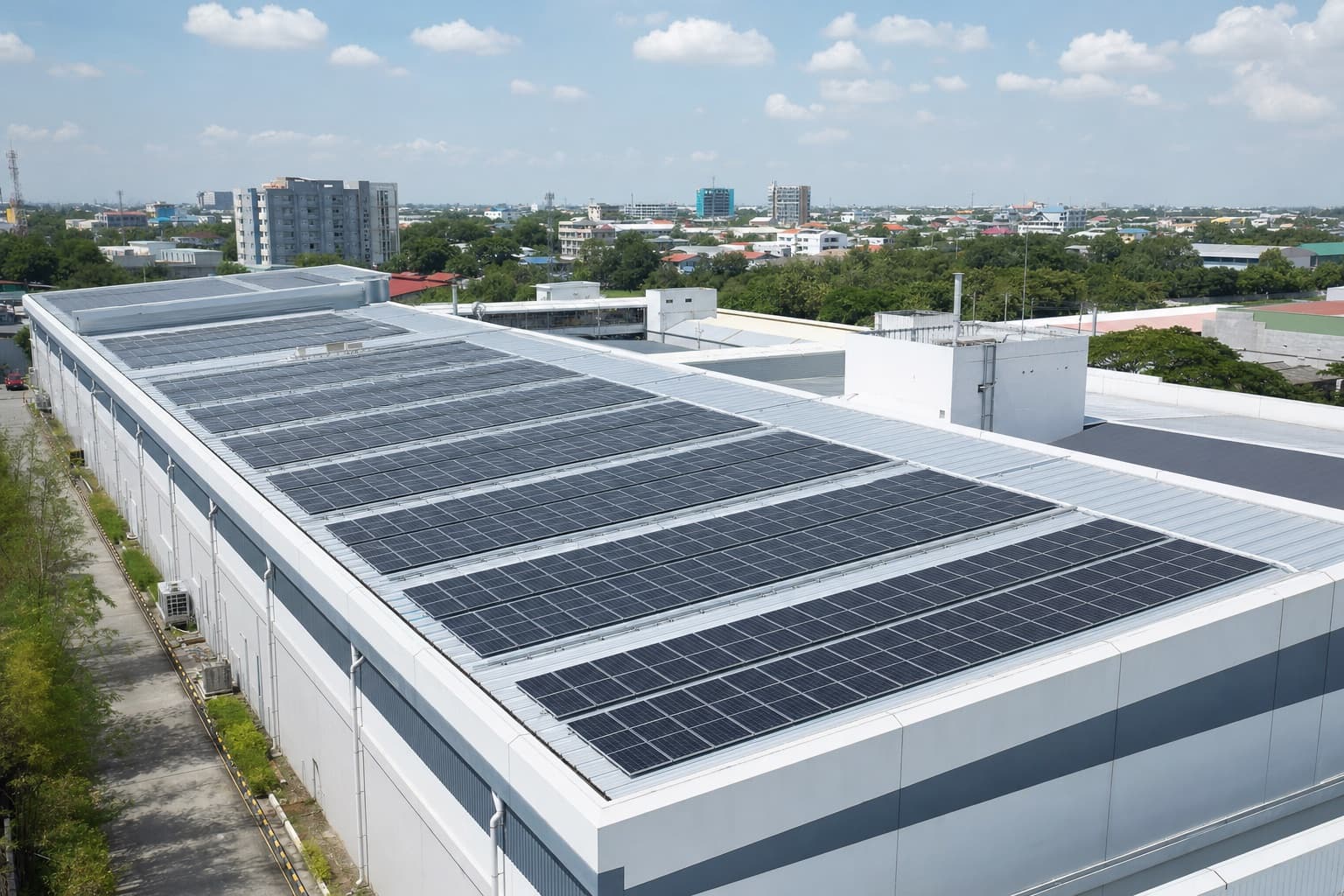 Commercial rooftop with solar panel array