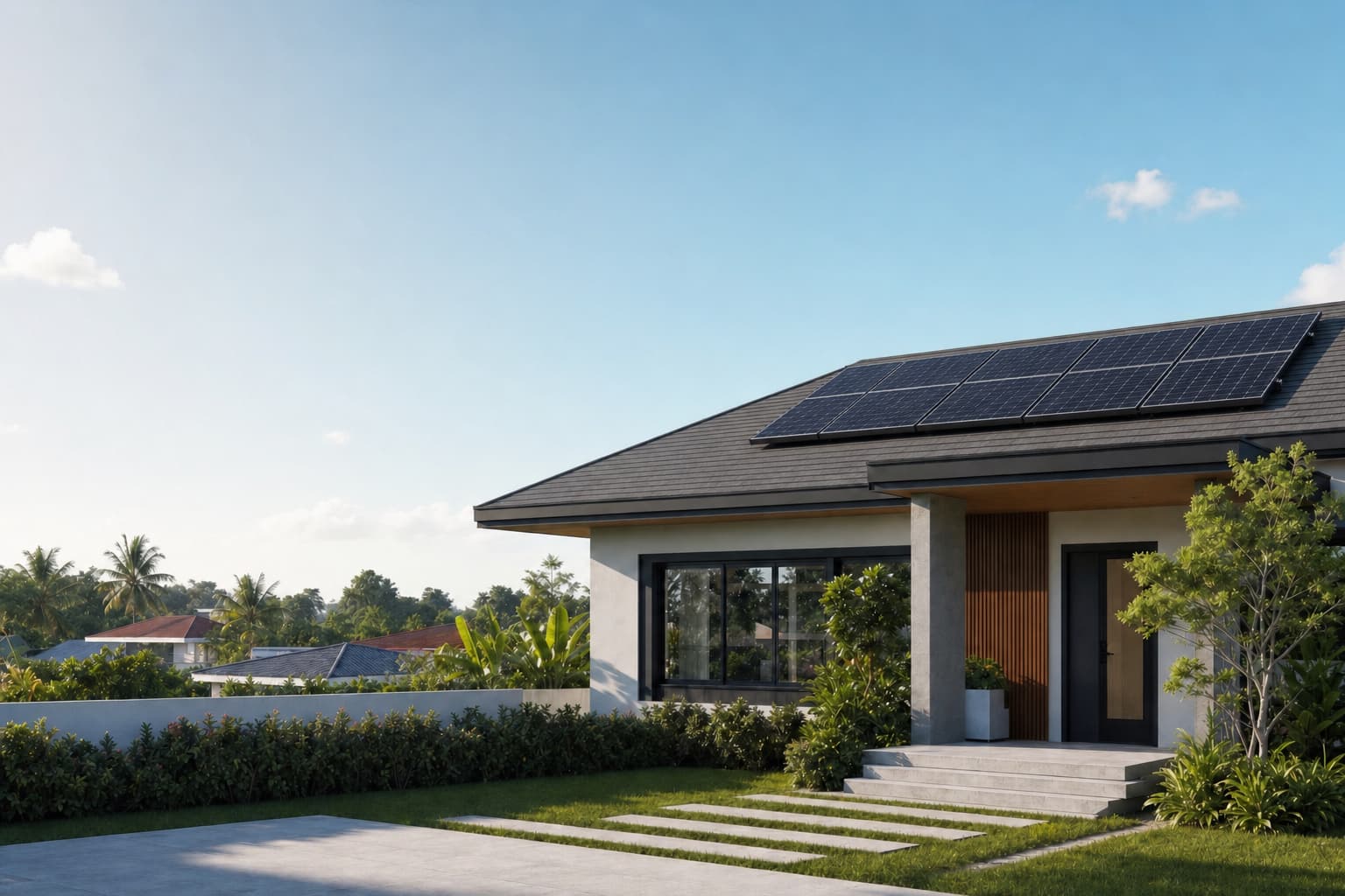 Modern residential home with rooftop solar panels
