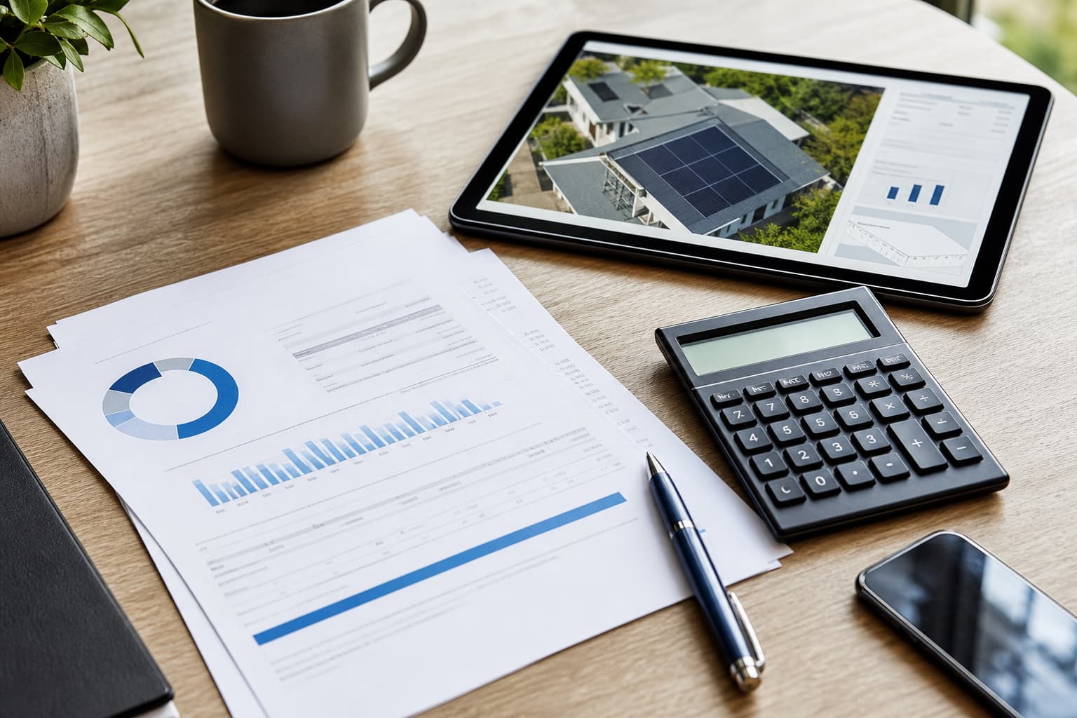 Electric bill analysis with calculator and planning notes
