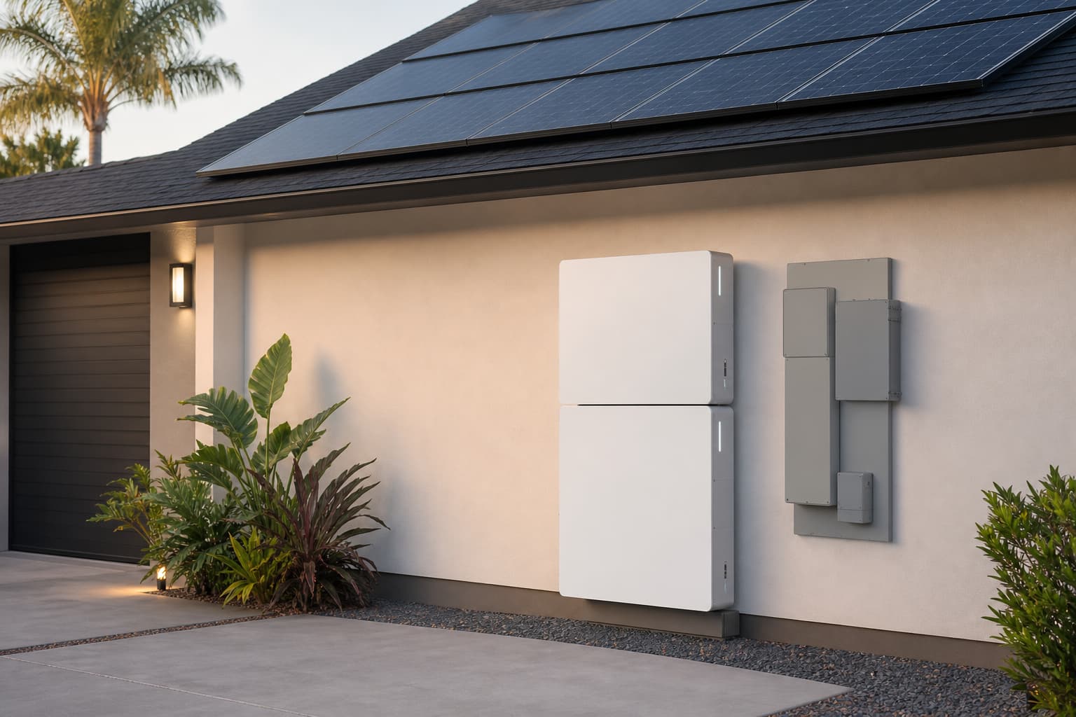 Home solar battery and inverter system beside a modern house