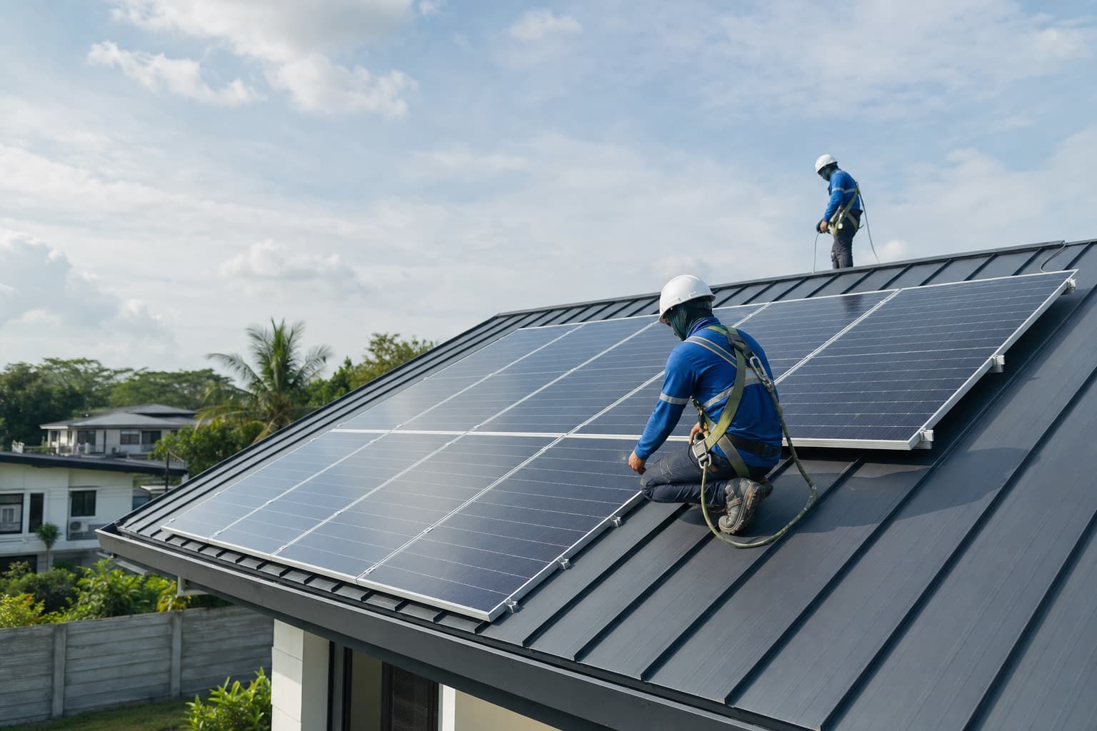 Solar installation team working on rooftop panels